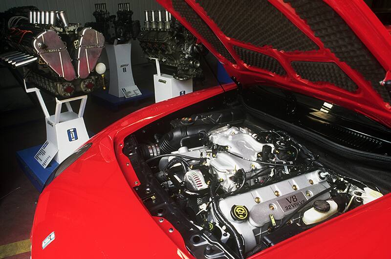 Close up of V8 engine under the hood