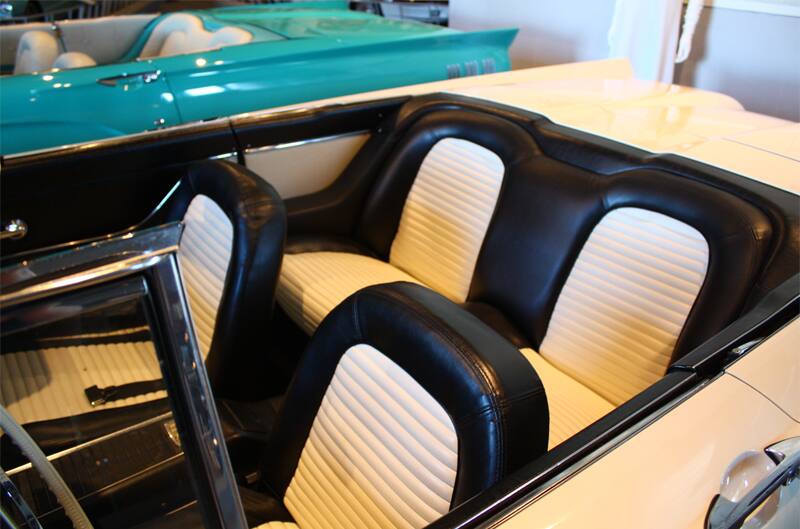 Interior close up of seats in white Thunderbird droptop