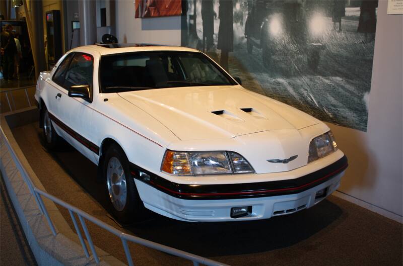 Front of a white Thunderbird Turbo Coupe on display