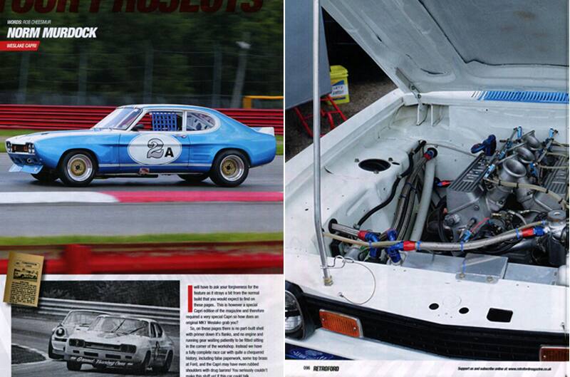 Side by side photos of a magazine clip of the blue Capri and a close up of the engine under the hood