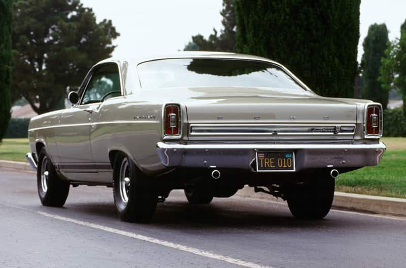 Rear of white Fairlane GTA parked on the road