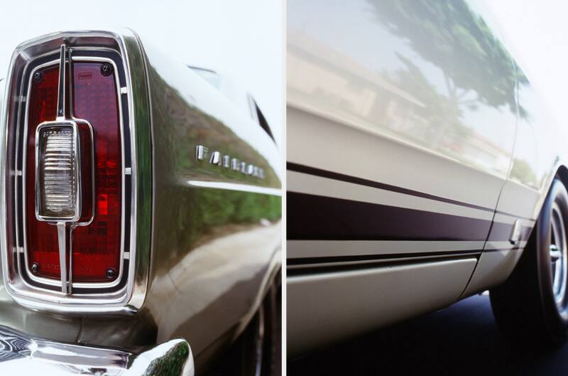 Side by side photos of a close up of a back headlight and the side of the white Fairlane GTA