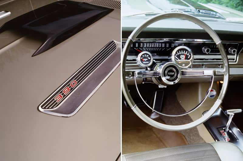 Side by side photos of the 390 stamped on hood and steering wheel