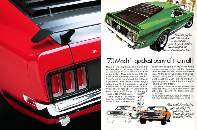 Side by side photos of the rear close up of a red Mustang and a magazine page of the Mach 1