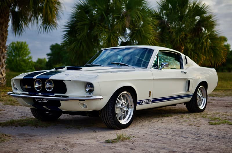 Front profile of white GT 350 with blue stripes parked in front of palm trees