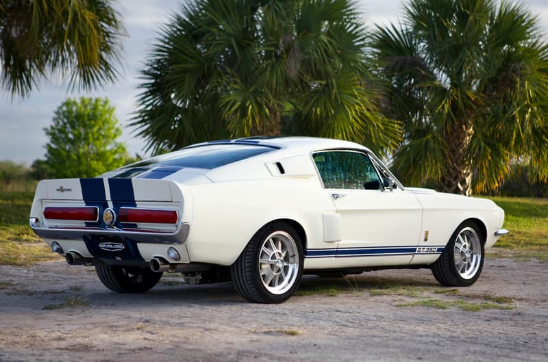 Rear of white GT 350 with blue stripes parked in front of palm trees