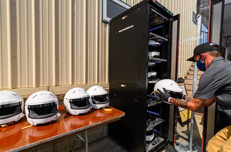 Helments being sanitized