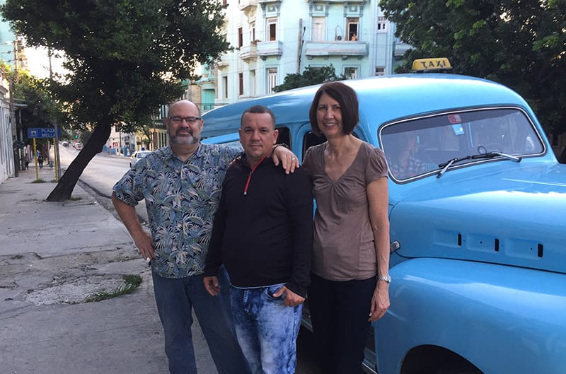 Blue 50's ford with Matt Stone and Wife