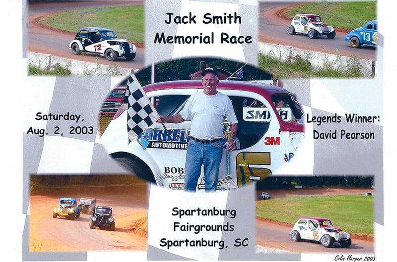 Graphic for Jack Smith Memorial Race with various pictures of old Ford race cars and man holding flag