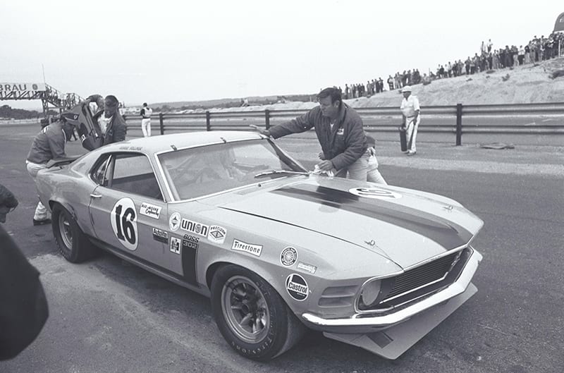 1970 Boss 302 leaving the pits black and white photo