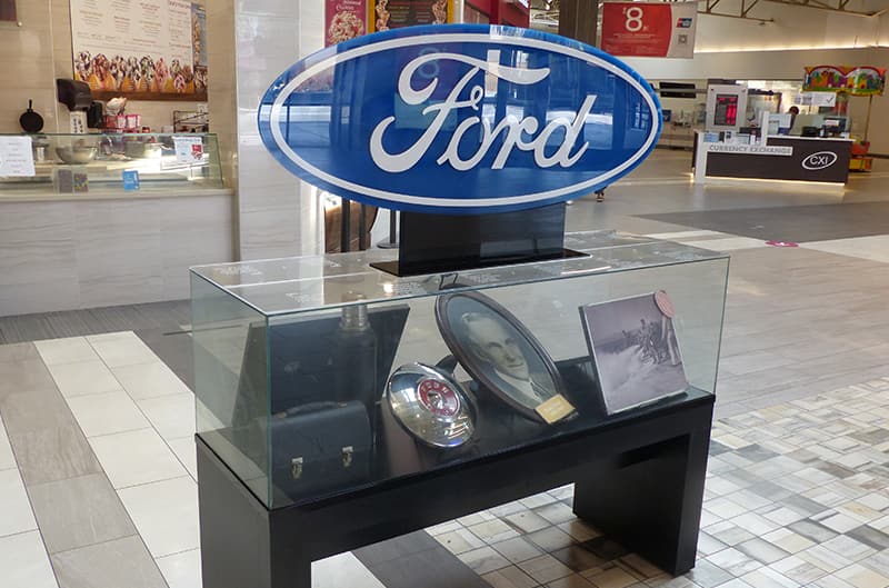 Memorabilia in a glass box inside the mall