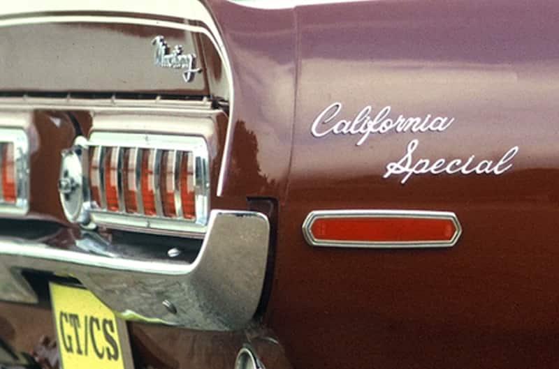 Close up of passenger rear quarter panel with California special branding and taillights