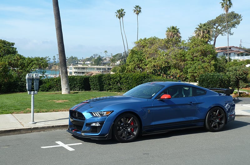 Blue GT500 parked along street