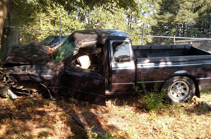 Full shot of ford ranger after crash