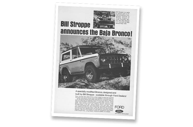 Black and white news article of Stroppe Bronco