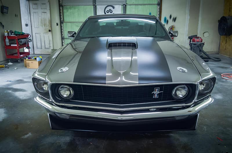 Front end of Gray 1969 lookalike mustang