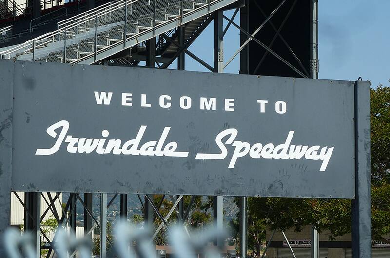 Irwindale Speedway sign along stadium seating