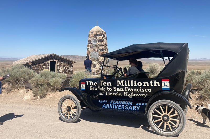 Model T at a landmark