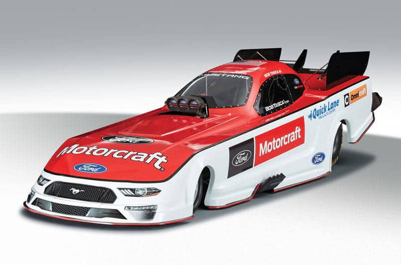 The 2018 Ford Mustang Funny Car sporting a brand new red and white livery that includes the Motorcraft logo