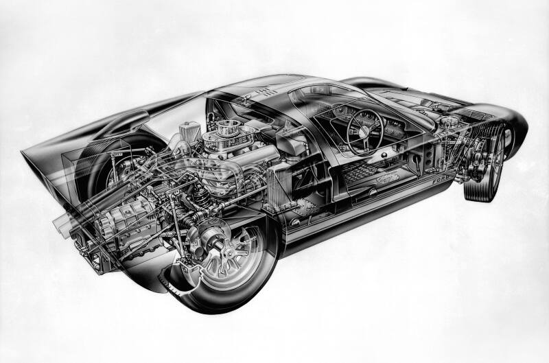 Ford GT MKII cutaway black and white