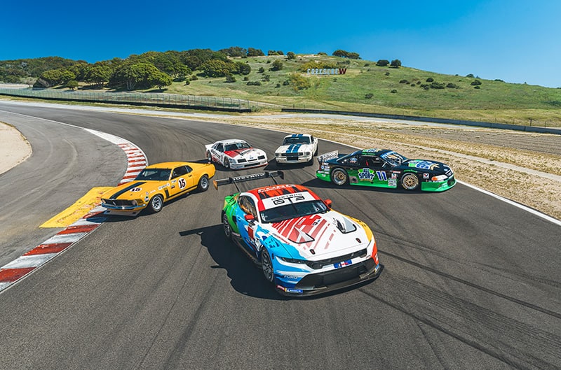 All historic race mustangs on track positioned with Mustang GT3