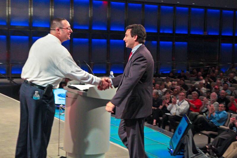 6.Club President Mike Rey greets Ford CEO Mark Fields@ club meeting in Ford WHQ Auditorium 6.Club President Mike Rey greets Ford CEO Mark Fields@ club meeting in Ford WHQ Auditorium