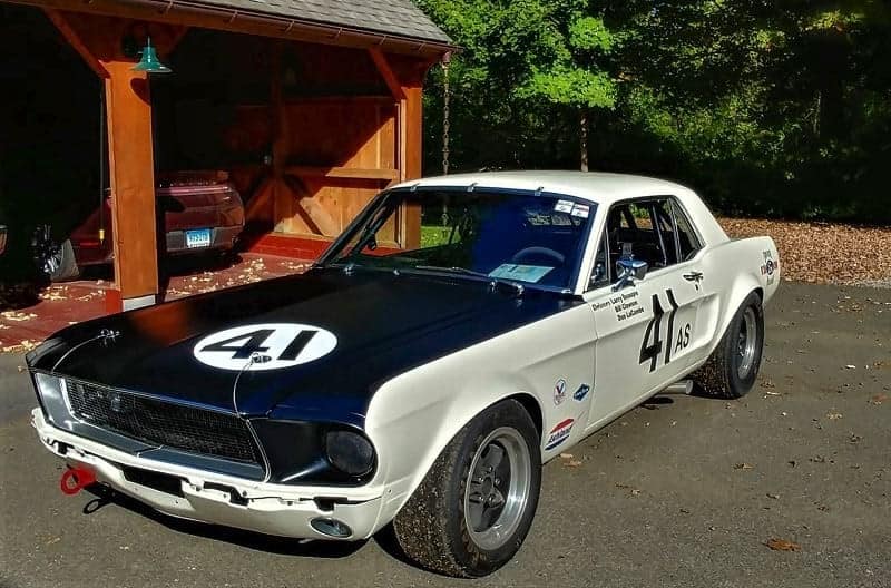 Front view of blue and white 1967 Mustang K-code Hi-Po GT #41 race car
