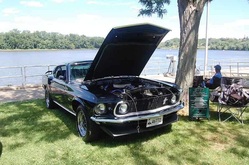 Black 1969 Mustang parked next to tree with hood open