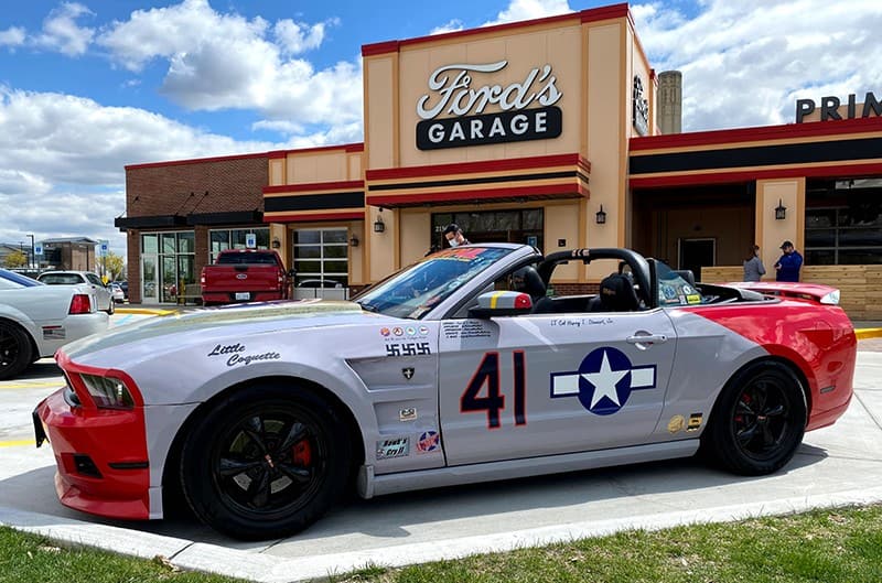 S197 Red Tail Mustang in front of Fords Garage restaurant