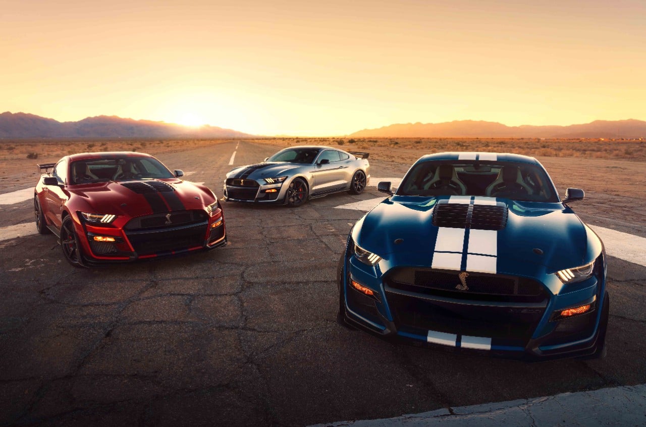From left to right, new Shelby GT500'S in red, silver and blue