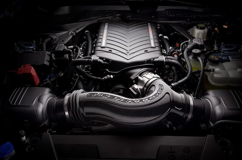 Underhood of 2024 Mustang GT with Ford Performance Parts Supercharger