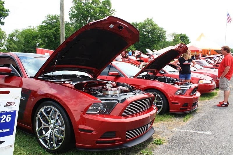 Two red Mustangs with hoods up 