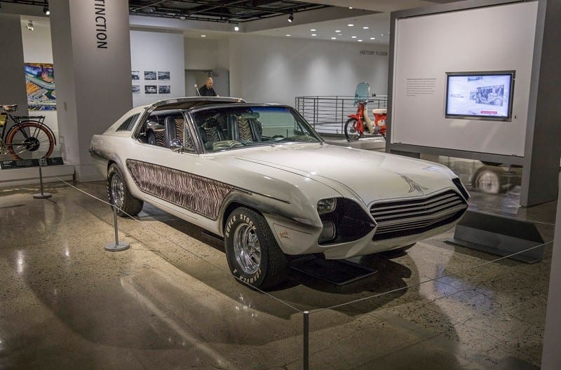 Front profile of white Hirohata Zebra Mustang Coupe on display in museum