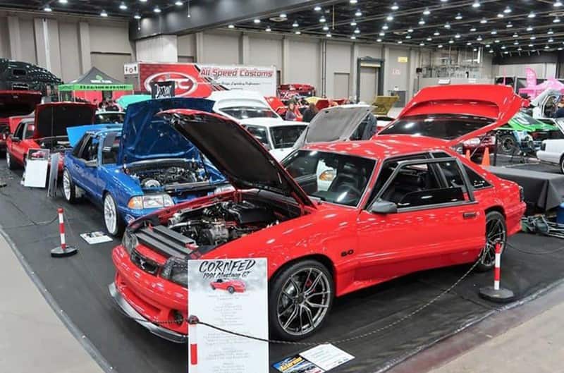 Two foxbody mustangs at indoor show