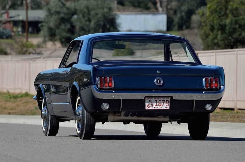 A rear view of the Ford Mustang