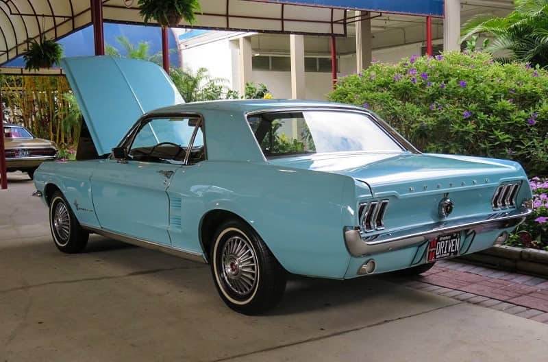 A rear view of a classic Ford Mustang with the hood up