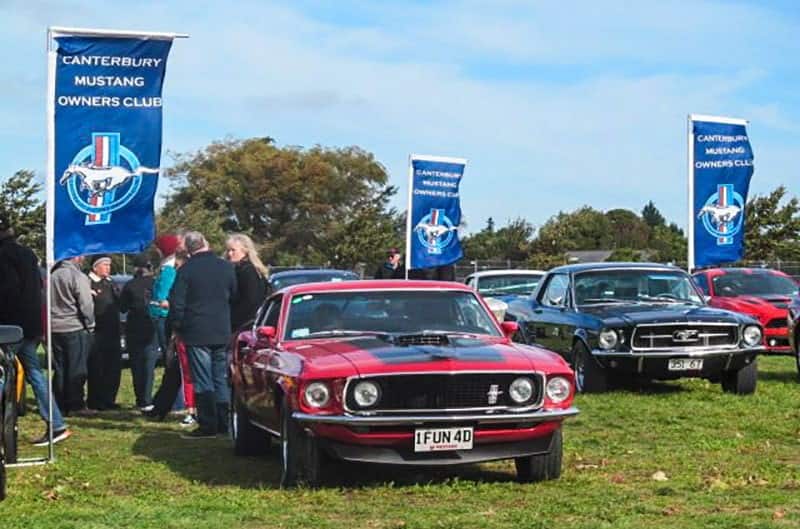 A group of classic Mustangs on display on National Mustang Day