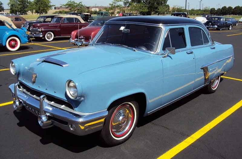 A classic light blue vehicle on display at the Grand Nationals 