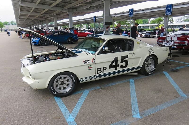 A classic white Shelby GT350 on display with the number 45 on the side 