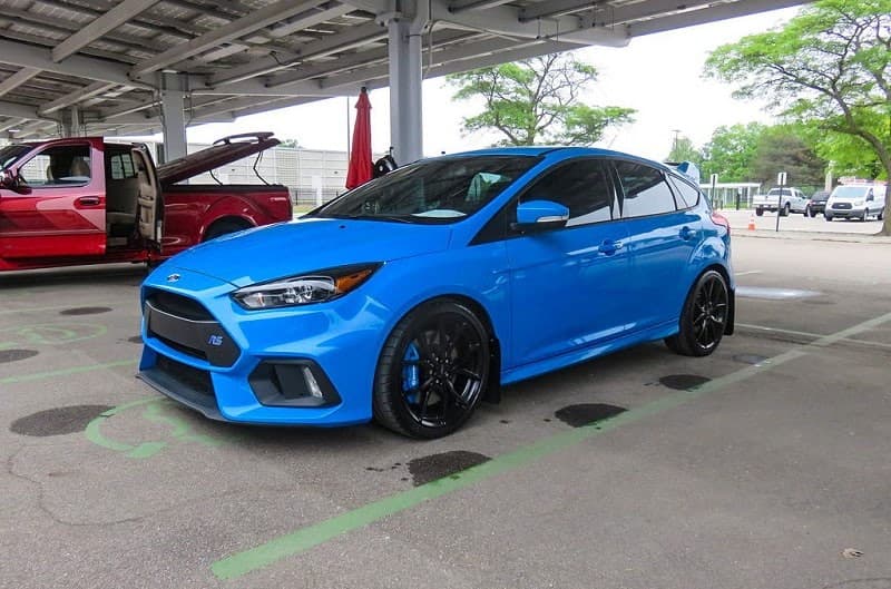A blue Ford Focus RS on display at Ford World Headquarters 