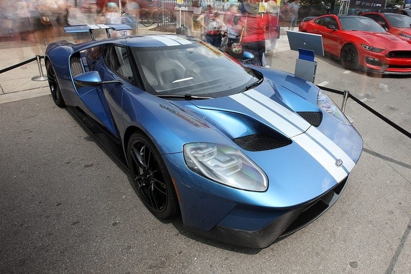 A front side view of a blue Ford GT 
