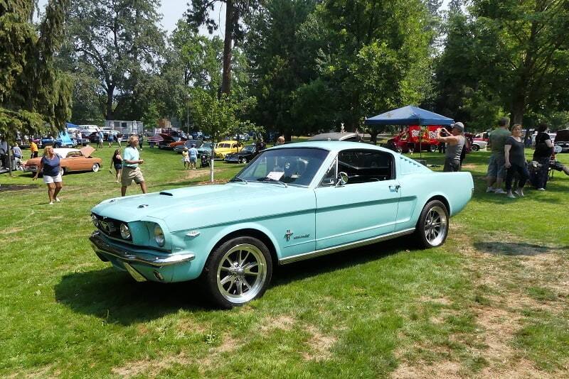 A classic powder blue Ford Mustang on display 
