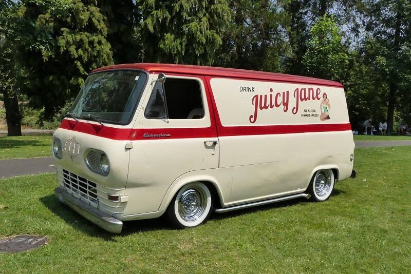 A side view of a Juicy Jane branded Ford van on display 