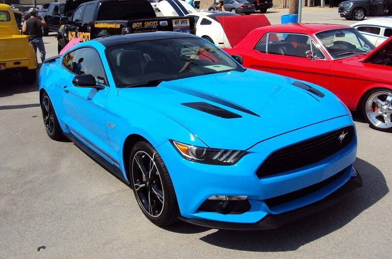 A light blue Ford Mustang on display 