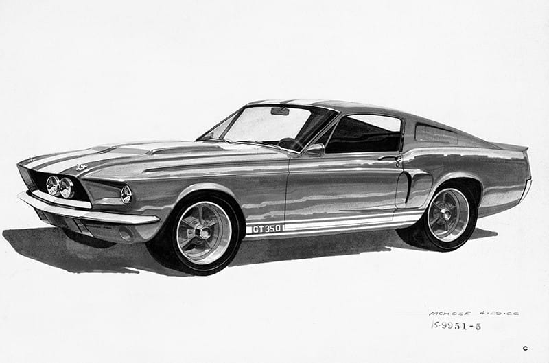 Black and white sketch of Shelby Mustang 