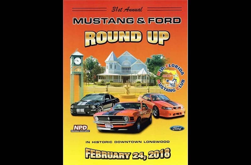 A colorful promotional graphic detailing the event for the 31st Annual Mustang and Ford Round Up on February 24, 2018