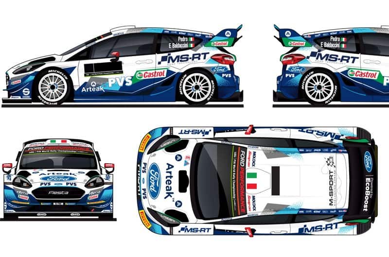 Different angles of blue and white livery on the EcoBoost-powered Ford Fiesta R5 MkII