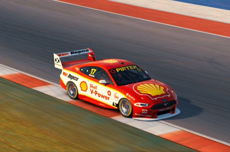 The number 17 Ford Mustang, piloted by Scott McLaughlin, cruising down the track at high speeds