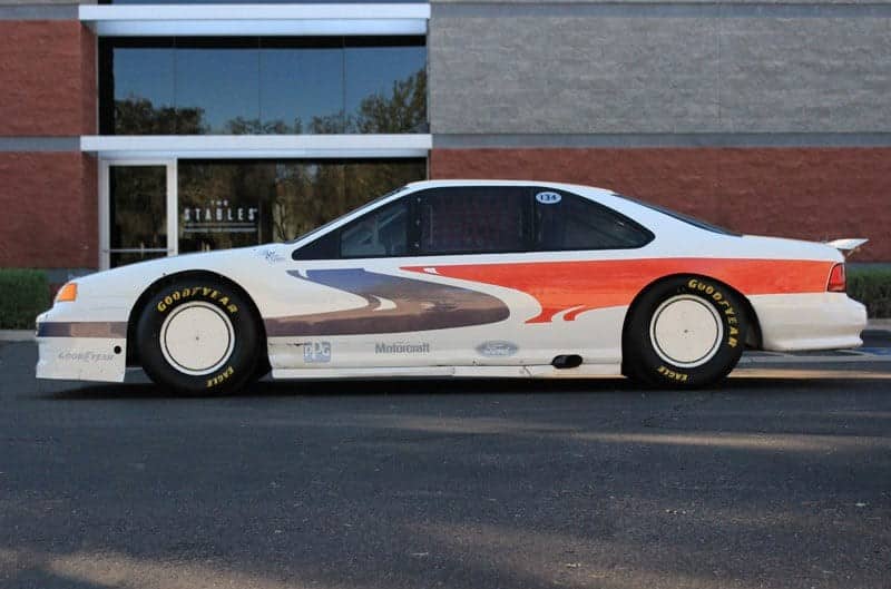 Lyn St. James's record-setting white, black, and orange 1989 Ford Thunderbird 