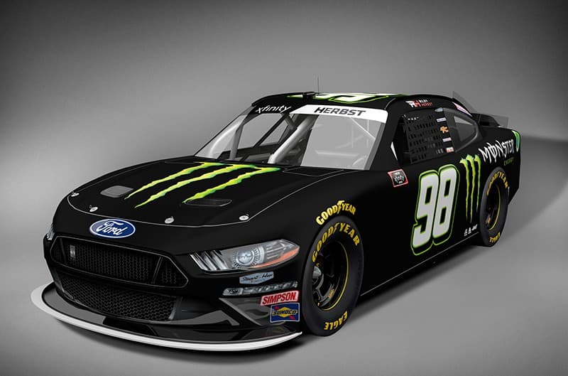 Riley Herbst's number 98 black and green XFINITY Mustang